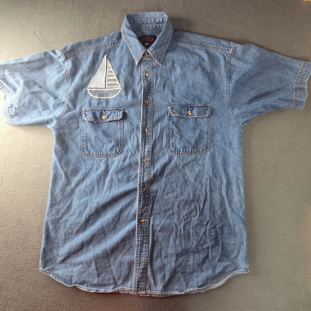 Sunbelt Sportswear Mens Large Denim Sailboat Embroidered Short Sleeve Shirt Blue